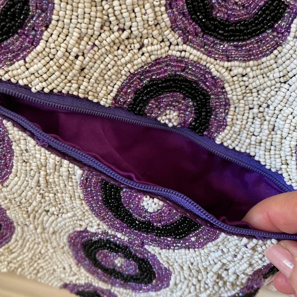 Vintage‎ Beaded Crossbody Purse. Purple, white, and black